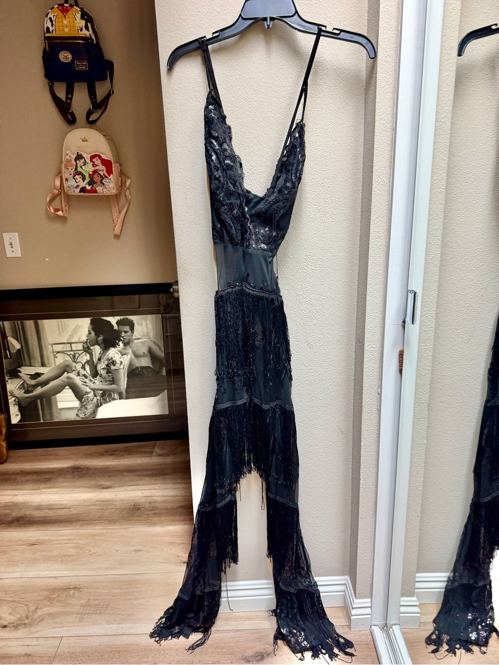Anjul Black Beaded Fringe V-Neck Evening Dress Jumpsuit